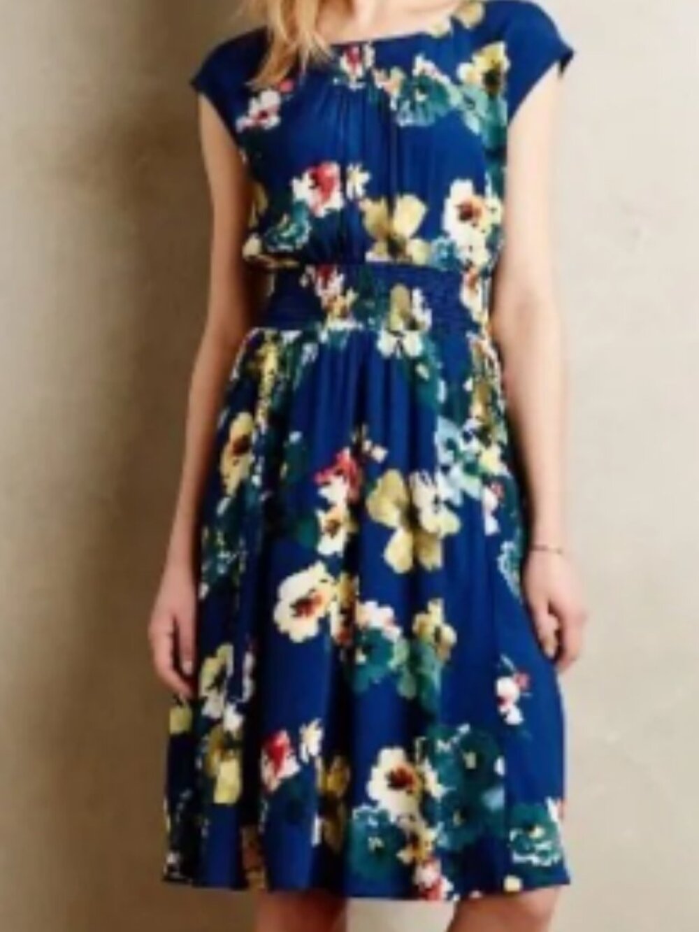 Maeve by Anthropologie "Evaline" Smocked Midi Dress - Blue Watercolor Floral XS